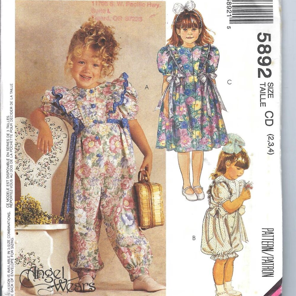 Vintage McCall's 5892 Girl's Dress & Jumpsuits Toddler Sizes 2-3-4